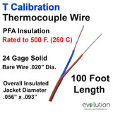 Thermocouple Wire Type T 24 Gage PFA Insulated 100 ft Long