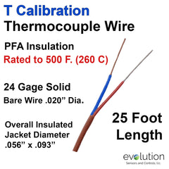 Type T Thermocouple Wire 24 Gage Solid PFA Insulated