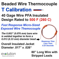 Thermocouple Beaded Wire Sensor - Type T 40 Gage PFA Insulated 80 inches long with Stripped Leads
