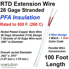 RTD Wire 26 Gage Stranded 2-Wire Parallel Design PFA Insulated 100 ft Long