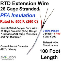 RTD Extension Wire 26 Gage Stranded 3-Wire Design PFA Insulated 100 ft Long