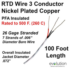 RTD Wire 3 Conductor 26 Gage Stranded PFA Insulated 100 ft Long