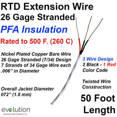 RTD Extension Wire 26 Gage Stranded 3-Wire Design PFA Insulated 50 ft Long