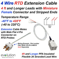 4 Wire RTD Extension Cable - 4ft or Longer Leads with 4-Pin Flat Miniature Female Connector and Stripped Ends