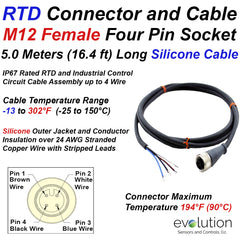 RTD Extension Cable with M12 Connector 4 Wire Straight Body Female and Stripped Leads 5M Long
