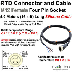 M12 RTD Connector Extension Cable Assembly Straight Design 5 Meters Long - Silicone Wire