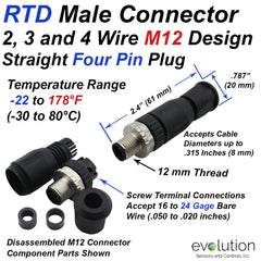 RTD M12 Connector 4 Pin Male Design with Straight Circular Body and Screw Terminals