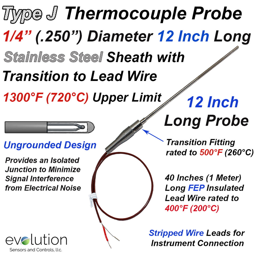 Thermocouple Sensor and Probe Type J Ungrounded 12 inches long 1/4 inch diameter Stainless Steel Sheath with PFA Lead Wire