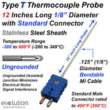 Type T Thermocouple Probe 1/8 Diameter 12 Inches Long with Connector