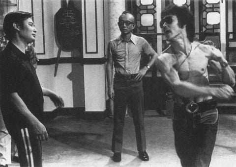 Wong Shun Leung with Bruce Lee on a Golden Harvest movie set