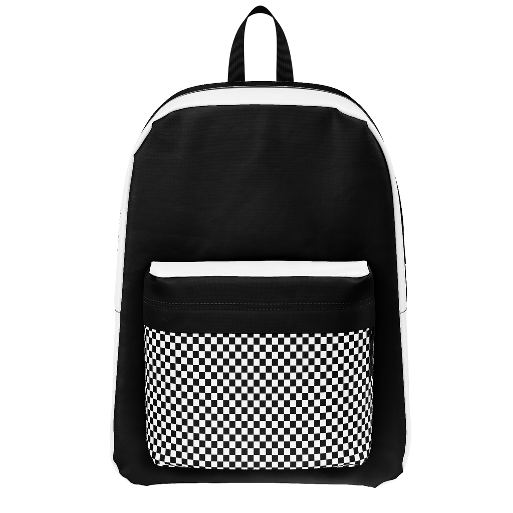 black and grey checkered backpack