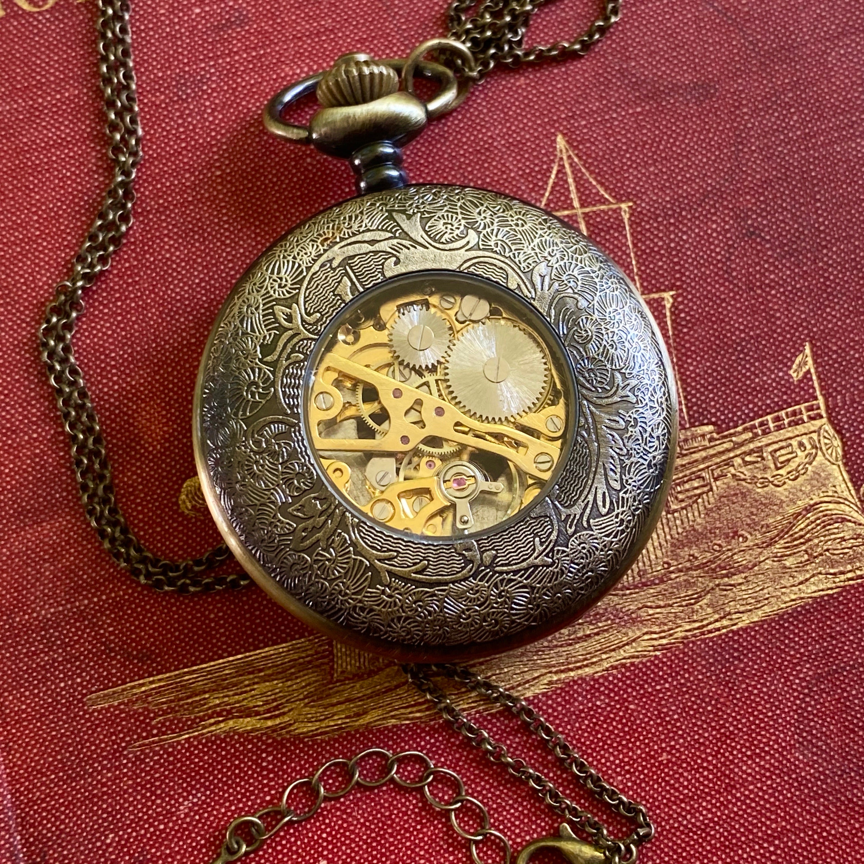 Mechanical Train Pocket Watch on Fob or Necklace Chain in Antiqued Bra ...