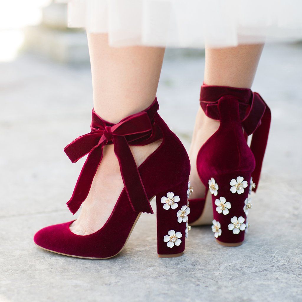 red block heels with flower decoration