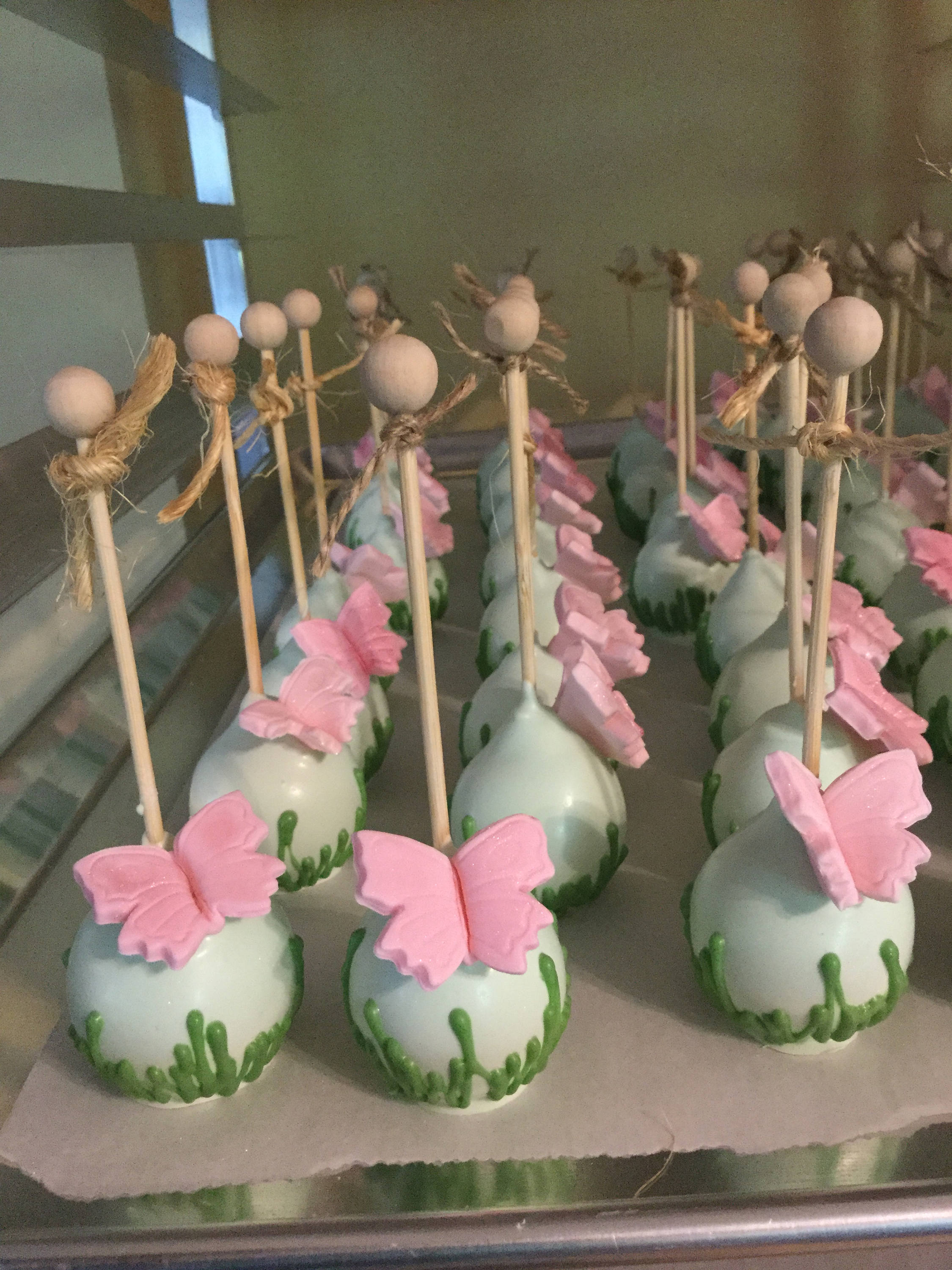 Garden Theme Cake Pops With Grass Decoration And Edible Butterfly Just Baked Sweets