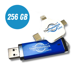 Blue, 256GB ThePhotoStick Omni drive with white mobile adapter