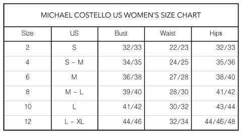 Michael Costello US Women's Size Chart