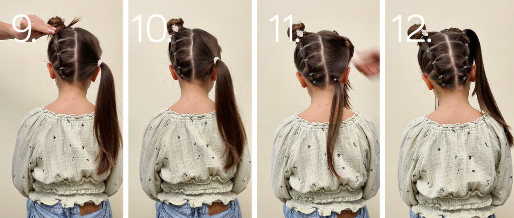 image showing step by step tutorial to do space buns hair style