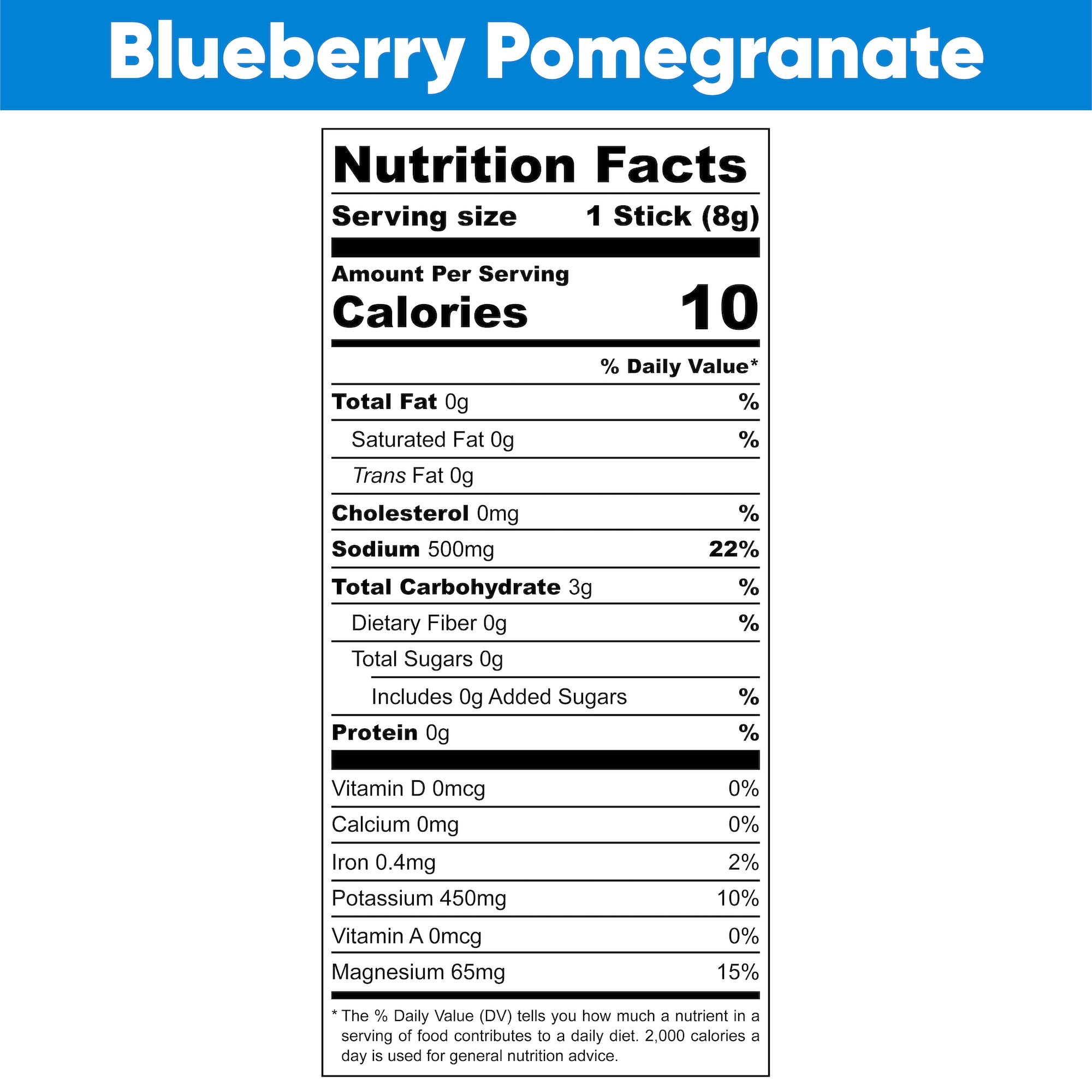 Blueberry Pomegranate Nutrition Facts. Serving Size: 1 Stick (6 grams). Amount Per Serving. Calories: 15. % Daily Value. Total Fat: 0 grams, 0%. Saturated Fat: 0 grams, 0%. Trans Fat: 0 grams. Cholesterol: 0 milligrams, 0%. Sodium: 500 milligrams, 22%. Total Carbohydrate: 1 gram, 0%. Dietary Fiber: 0 grams, 0%. Total Sugars: 0 grams. Includes: 0 grams Added Sugars, 0%. Protein: 0 grams, 0%. Vitamin D: 0 micrograms, 0%. Calcium: 0 milligrams, 0%. Iron: 0.4 milligrams, 2%. Potassium: 380 milligrams, 8%. Vitamin A: 0 micrograms, 0%. Magnesium: 60 milligrams, 15%.