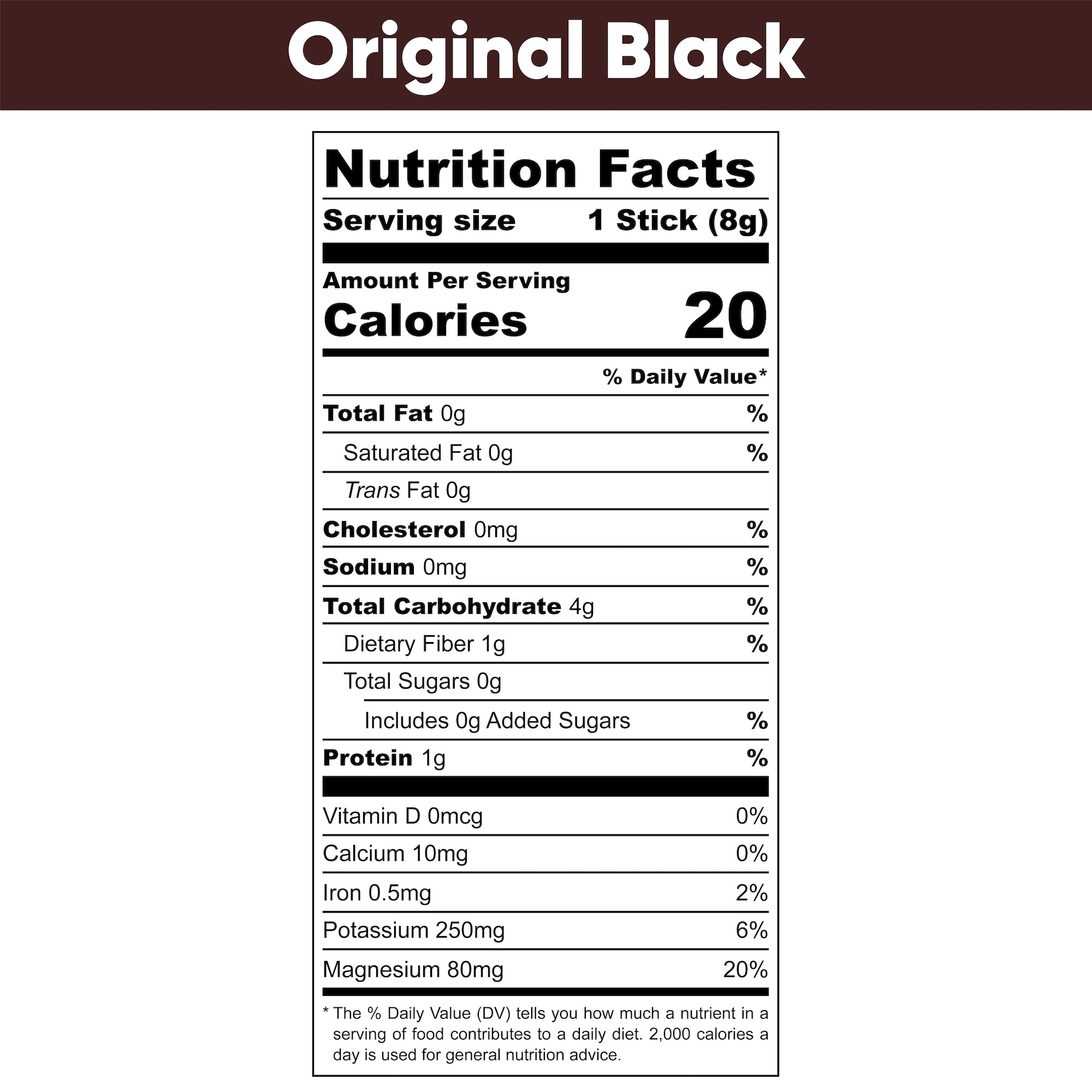 Peach Mango Nutrition Facts. Serving Size: 1 Stick (5 grams). Amount Per Serving. Calories: 10. % Daily Value. Total Fat: 0 grams, 0%. Saturated Fat: 0 grams, 0%. Trans Fat: 0 grams. Cholesterol: 0 milligrams, 0%. Sodium: 500 milligrams, 22%. Total Carbohydrate: 1 gram, 0%. Dietary Fiber: 0 grams, 0%. Total Sugars: 0 grams. Includes: 0 grams Added Sugars, 0%. Protein: 0 grams, 0%. Vitamin D: 0 micrograms, 0%. Calcium: 10 milligrams, 0%. Iron: 0.4 milligrams, 2%. Potassium: 380 milligrams, 8%. Vitamin A: 120 micrograms, 15%. Magnesium: 60 milligrams, 15%.