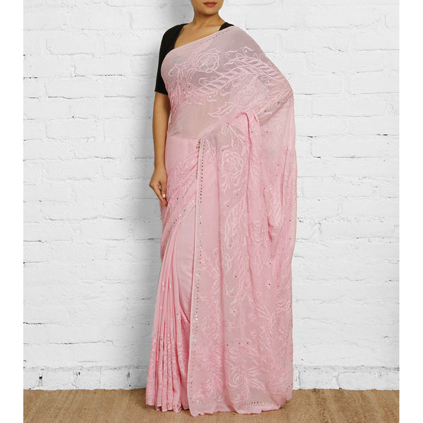 Pink Georgette Saree With Chikankari 100000035317