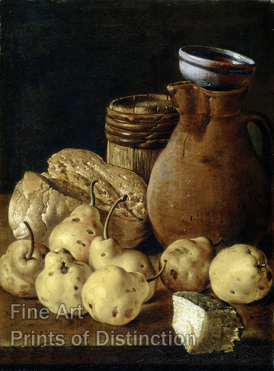 Still Life with Pears, Cheese, Bread and Pitcher by Luis Edigio Melendez