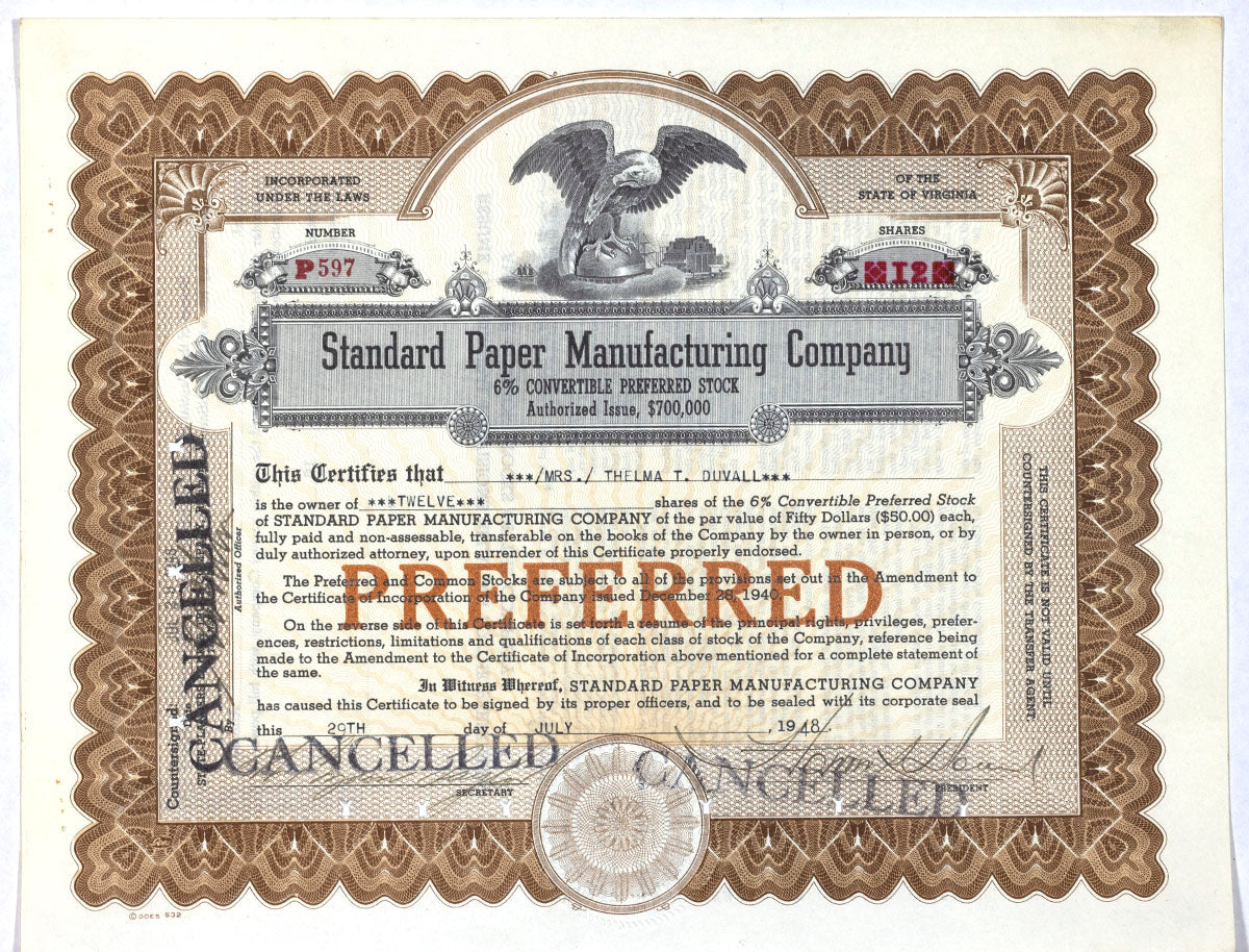 Standard Paper Manufacturing 1948 Stock Certificate Brandywine