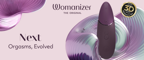 A picture of the Womanizer Next with a purple background with text that reads "orgasms, evolved"