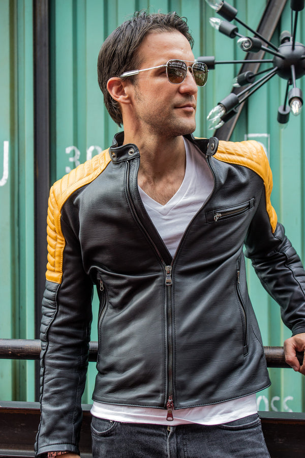 LUCKY LUKE Futuristic Leather Jacket in Black & Yellow Quilted ...
