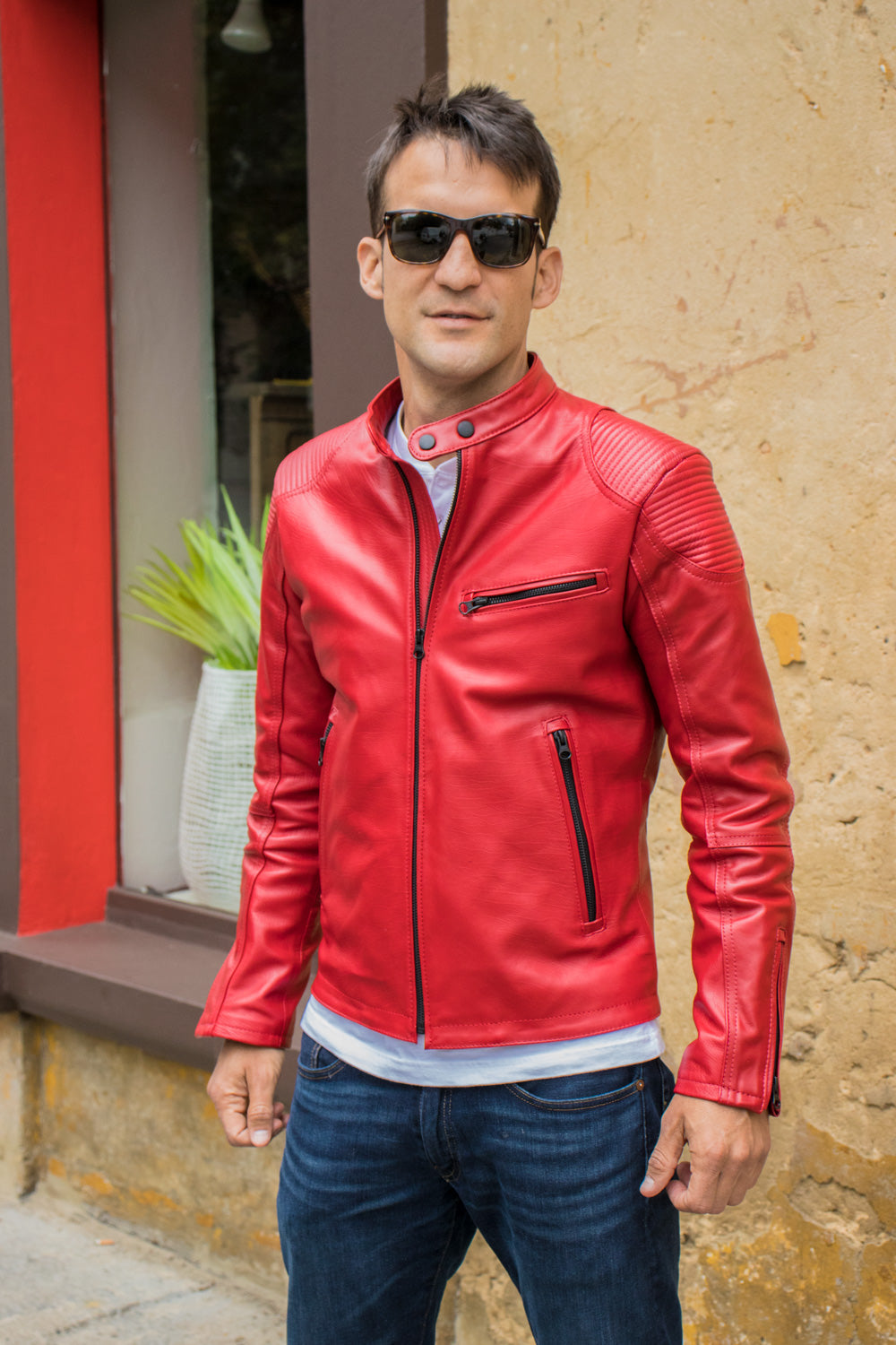 FALLOUT Leather Jacket Red - Cafe Racer– PDCollection Leatherwear ...