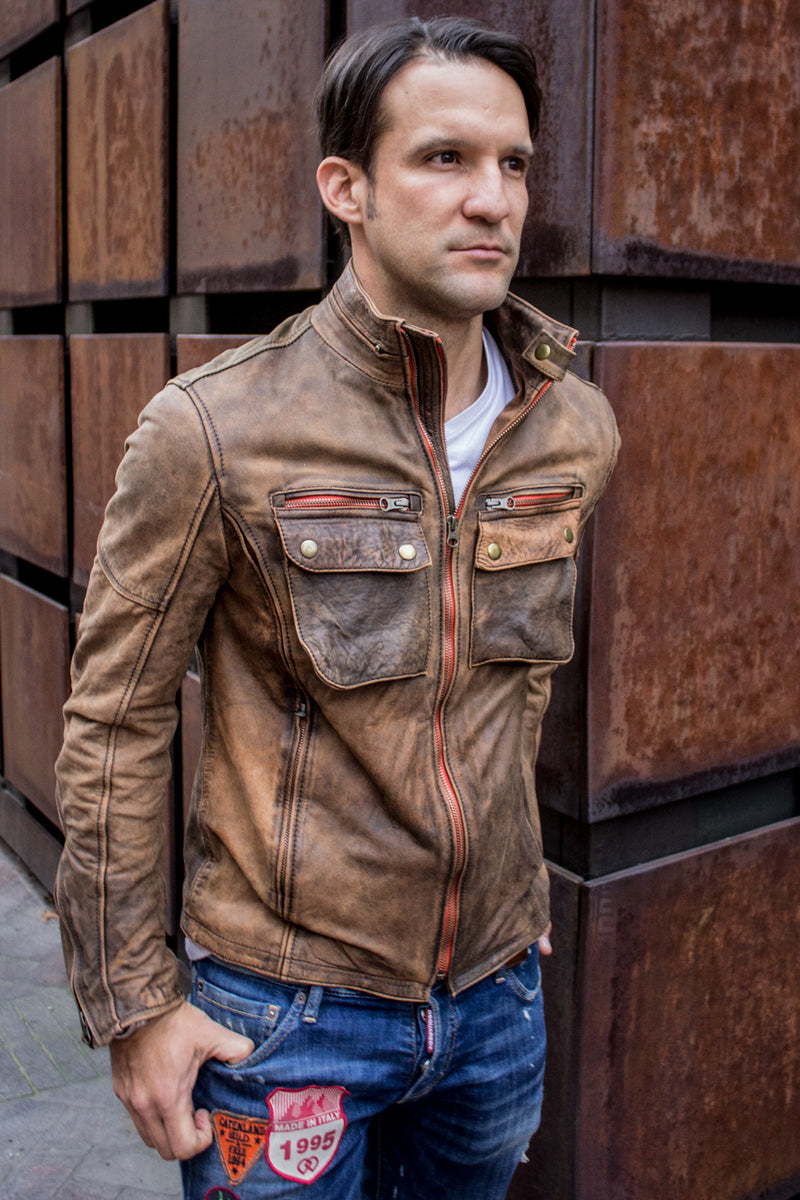 STONE Leather Jacket - Double zip in Stone Vintage Washed Distressed C ...