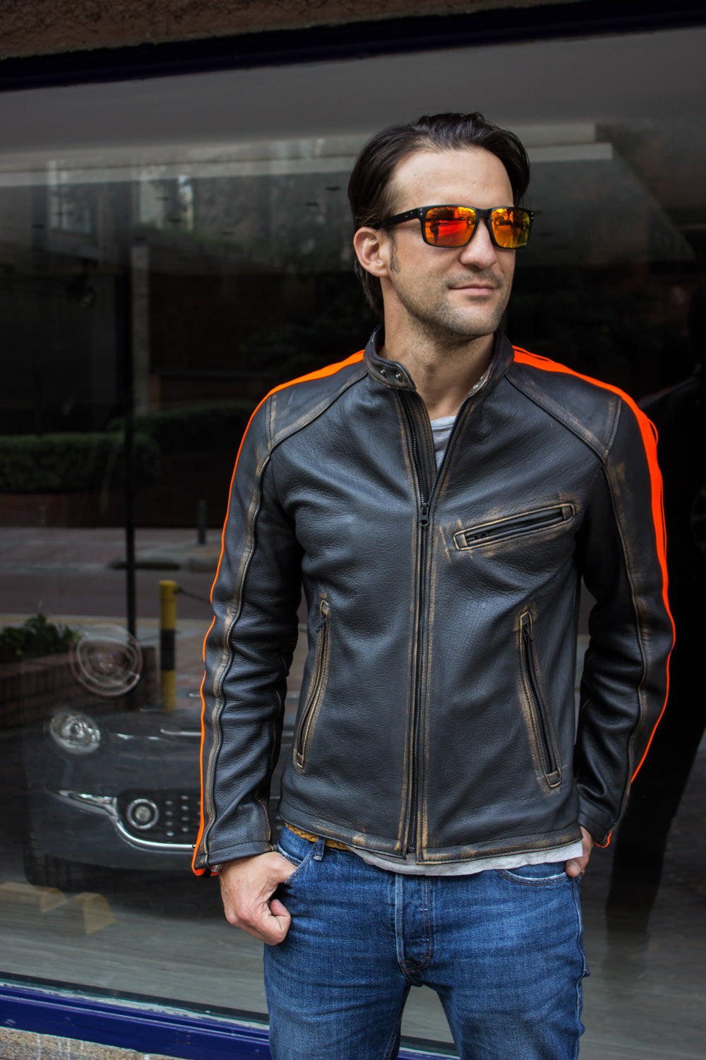 R80X Leather Jacket - Vivid Orange Stripes - Washed Distressed Black ...