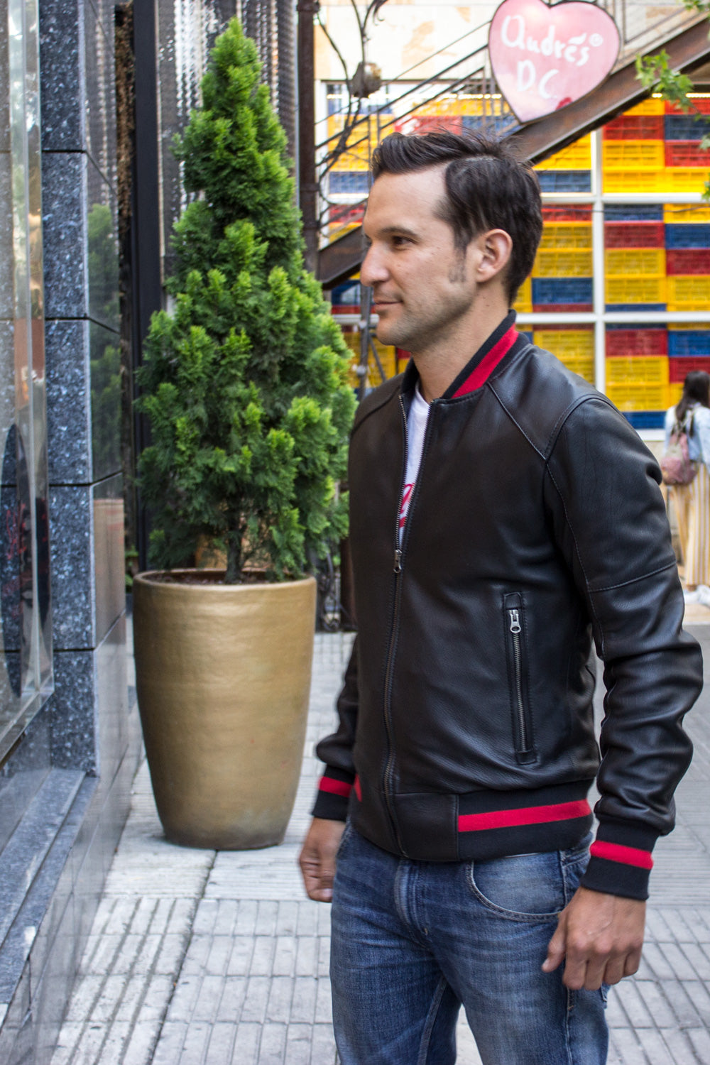 LUXUS P. Bomber Varsity Jacket in Black Leather - Red Stripe ...