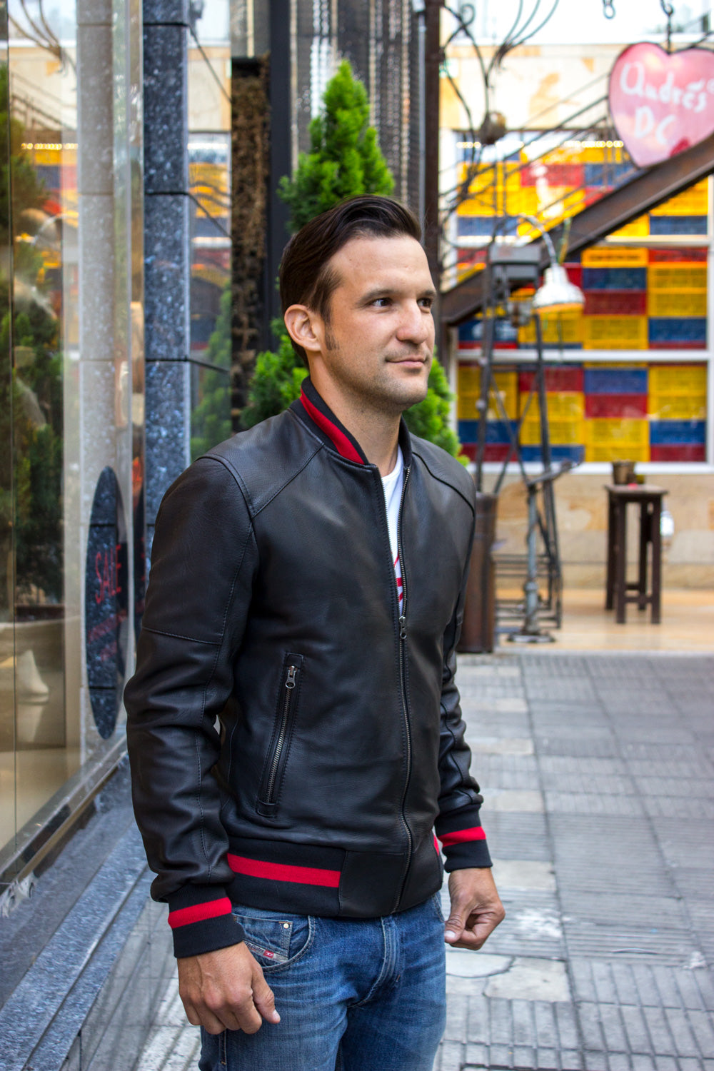 LUXUS P. Bomber Varsity Jacket in Black Leather - Red Stripe ...