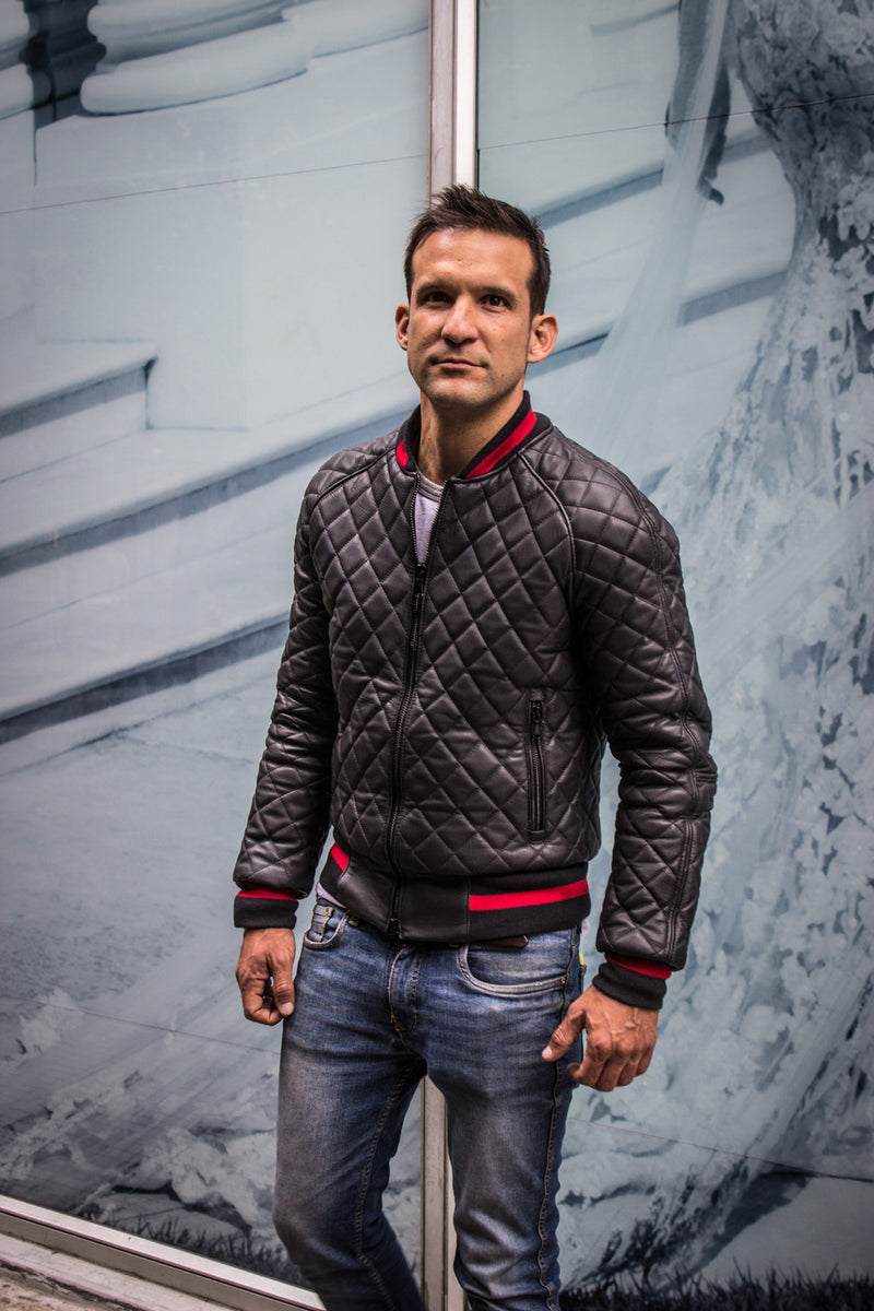 LUXUS HYBRID Bomber Quilted Jacket Leather Black - Red Stripe ...