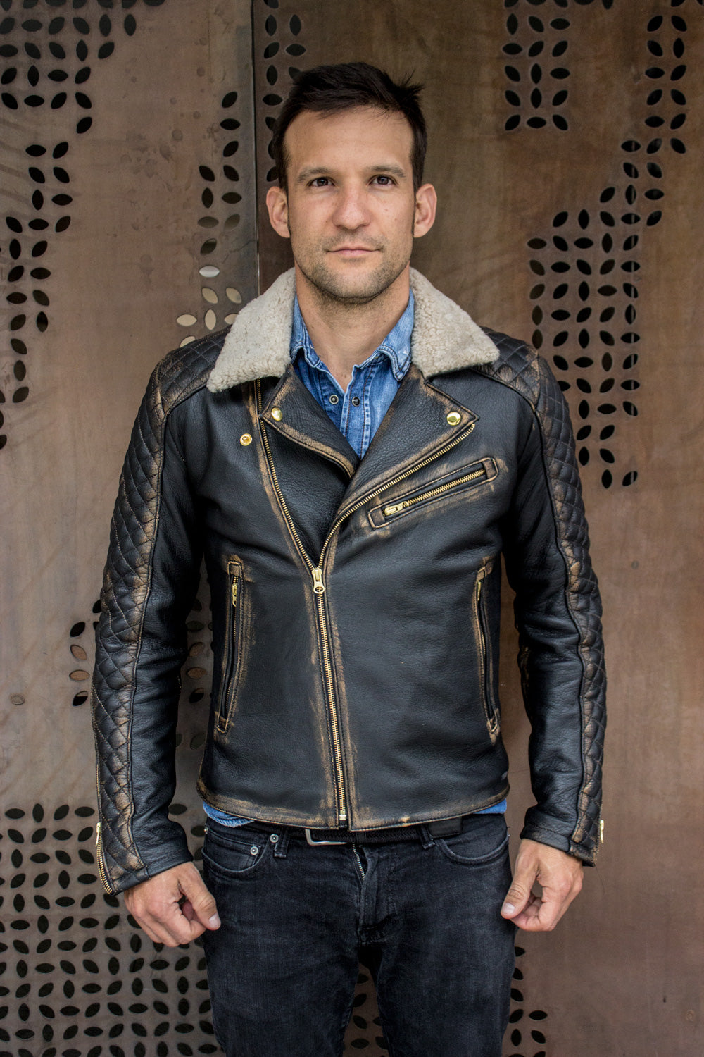 BELGRAVE SQ Leather Jacket Shearling Quilted in Distressed Brown ...