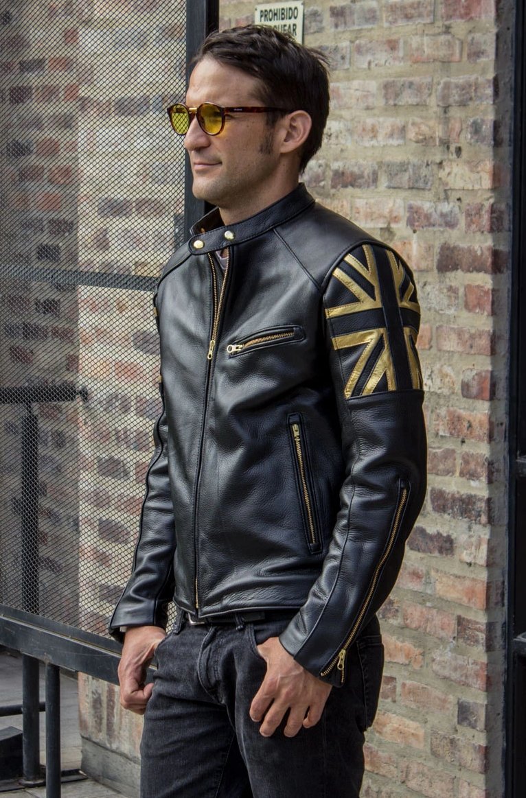 LONDON GOLD Leather Jacket Black & gold UK flag– PDCollection ...