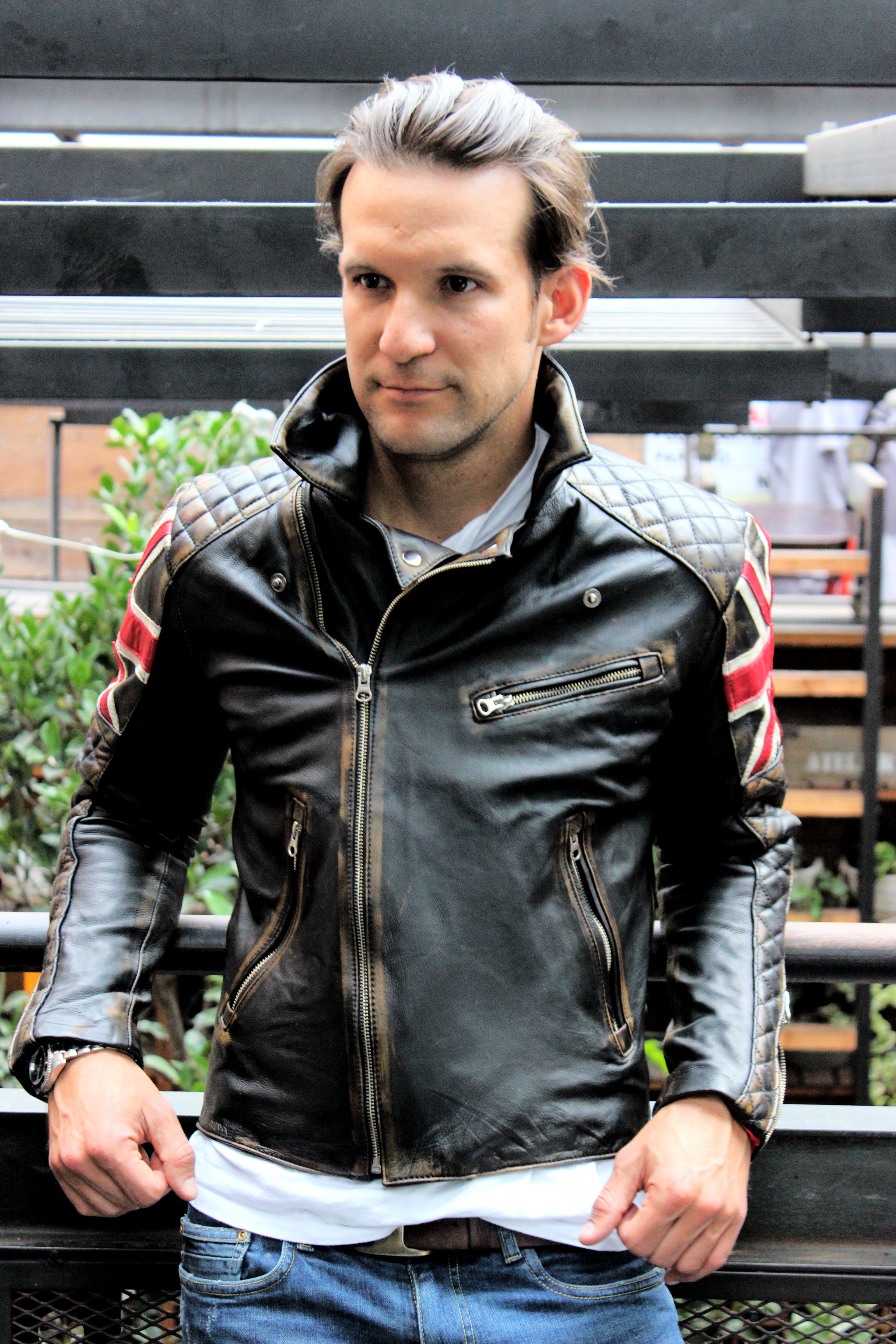 UNION JACK Leather Jacket in Distressed Black Color British Flag Cafe ...