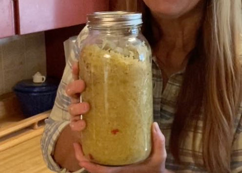 A big jar of sauerkraut at Prairie Road Organic Farm