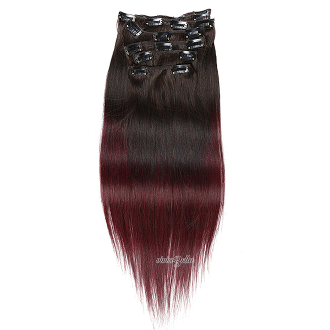Straight Clip In Ombre Dark Brown With Copper Red Virgin Human