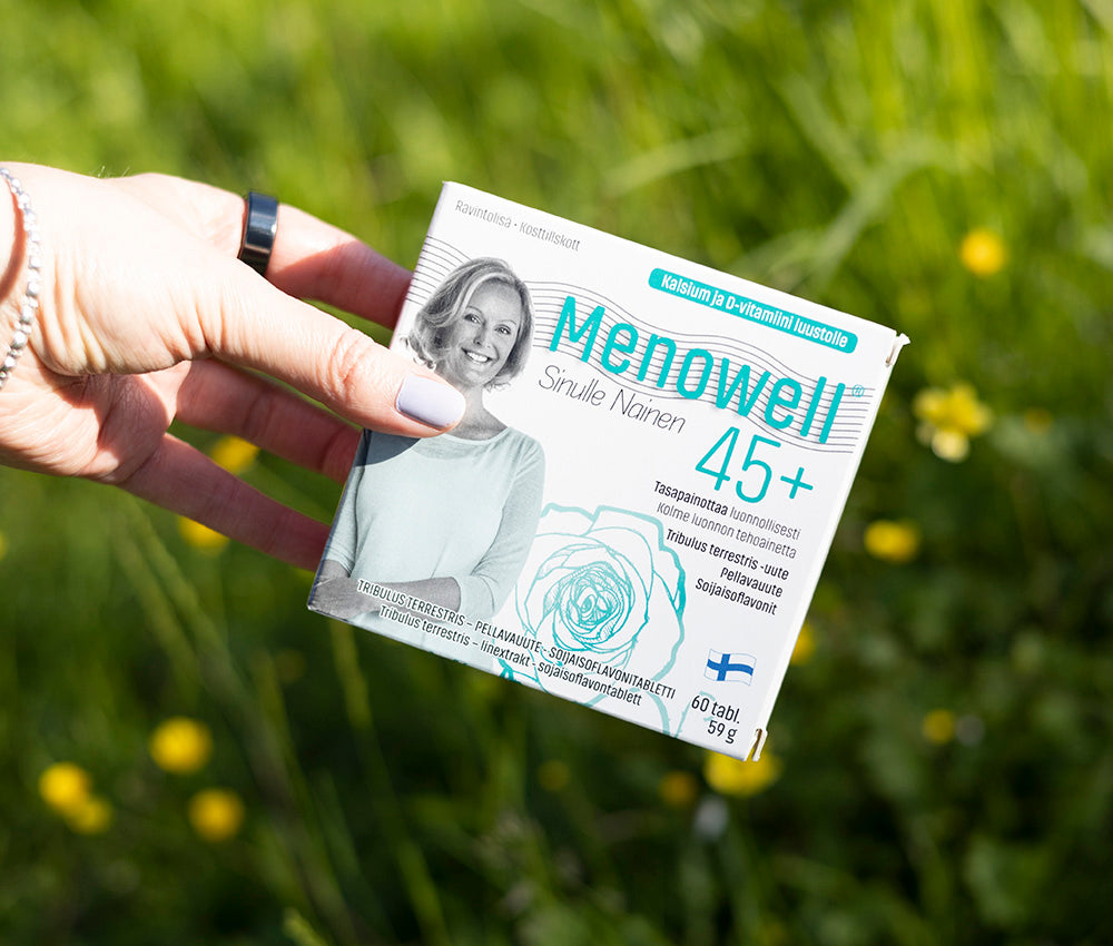 Menowell 45+ on keski-iässä olevien naisten hormonitoimintaa tasapainottava ravintolisä 