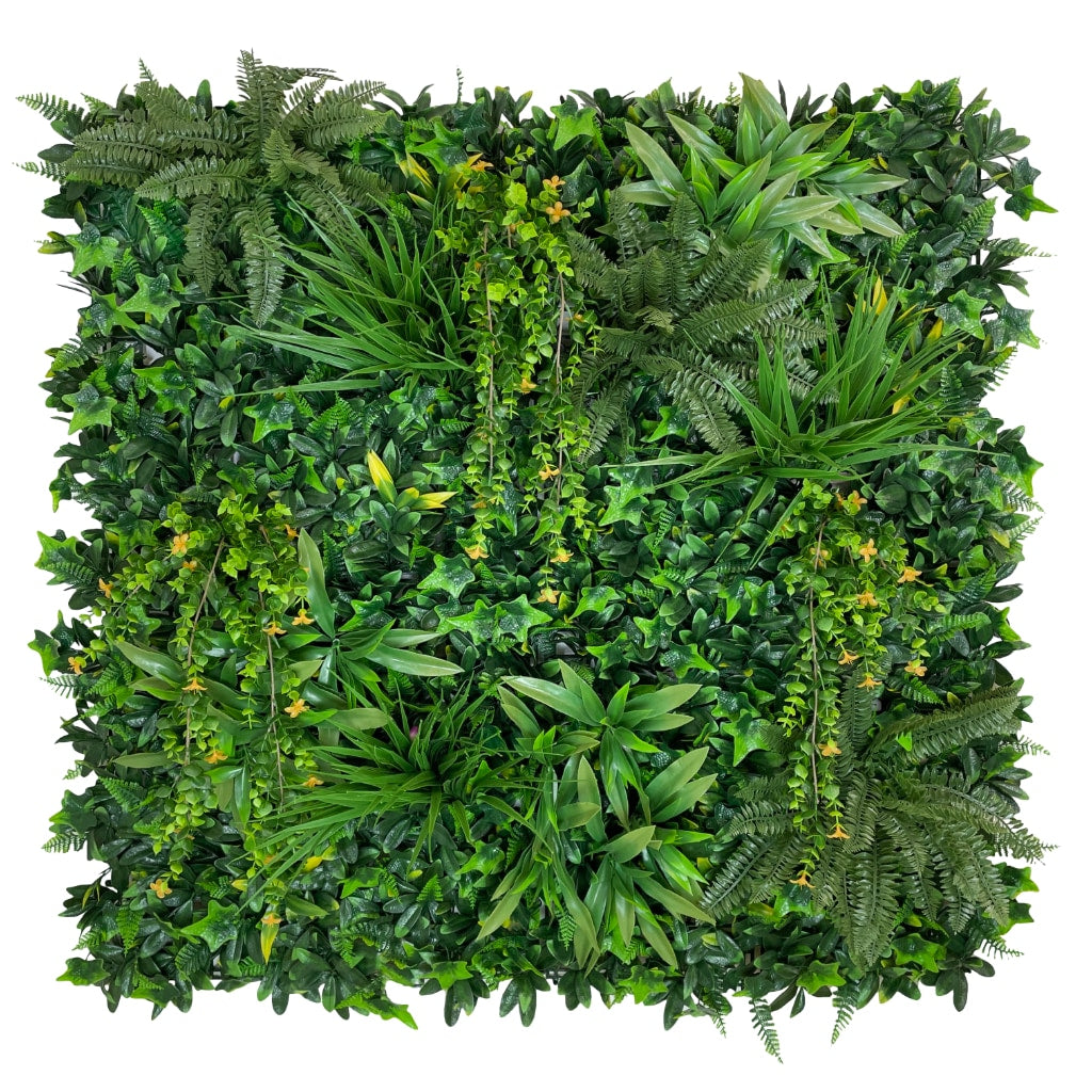 Artificial green wall panel with variegated foliage and trailing yello