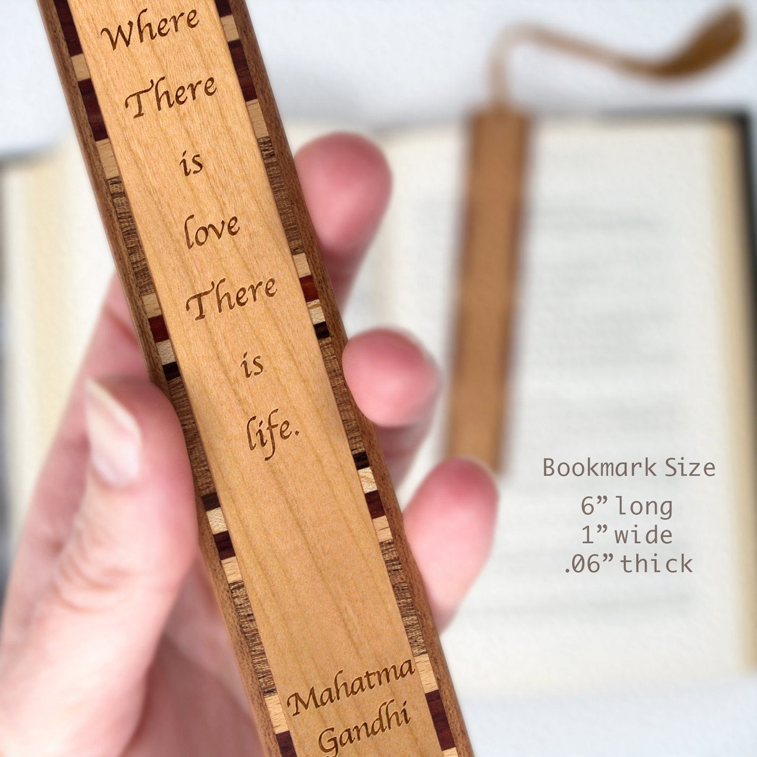Gandhi Quote Where There is Love There is Life Engraved Maple Wood Bookmark with Tassel