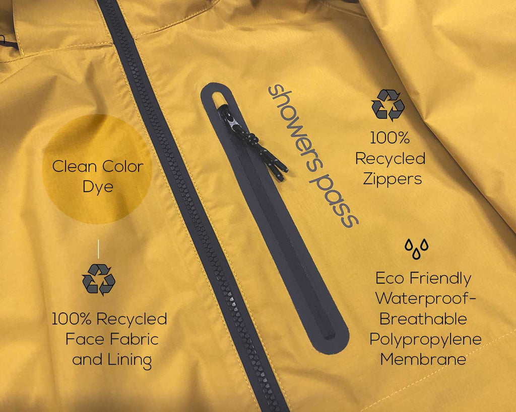 A Showers Pass Ecolyte Elite Jacket in Yellow, highlighting its sustainable and recycled features