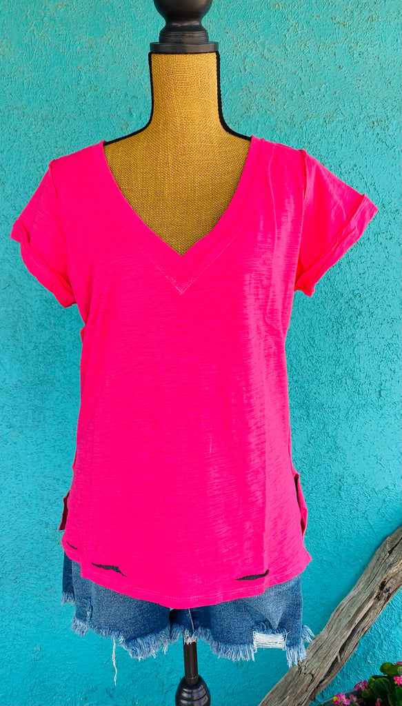 V-neck Top with Tatered Hem and Selvage Seams