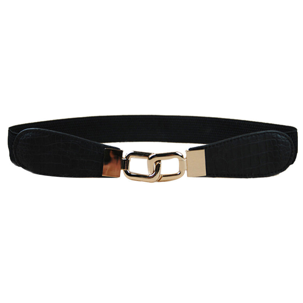 Women Metal Gold Buckle Elastic Stretch Waist PU Leather Fashion Belt Waistband TIML66