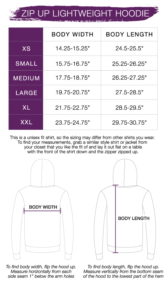 Lightweight Zip Up Hoodie Size Chart