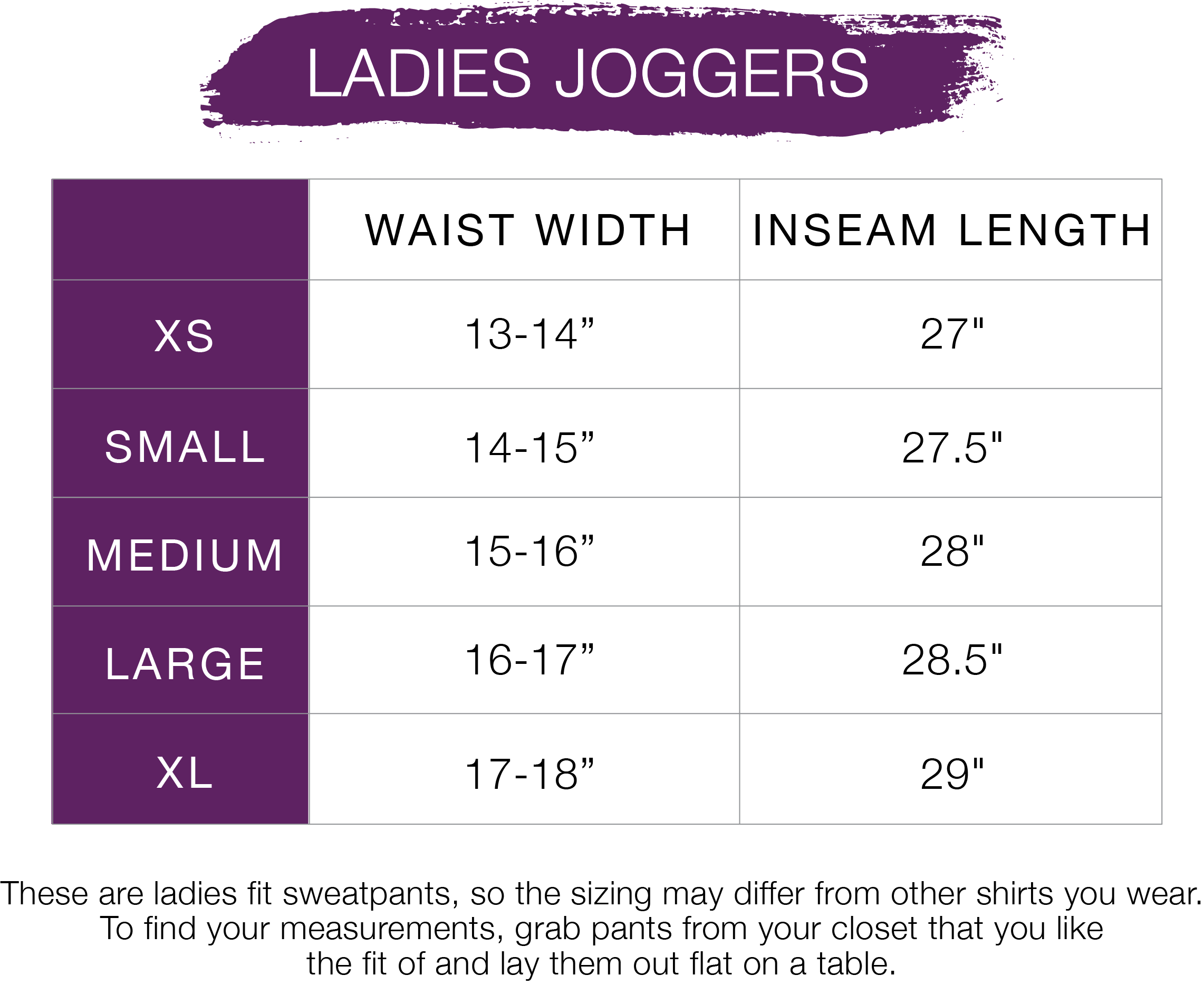 Ladies Joggers Size Chart