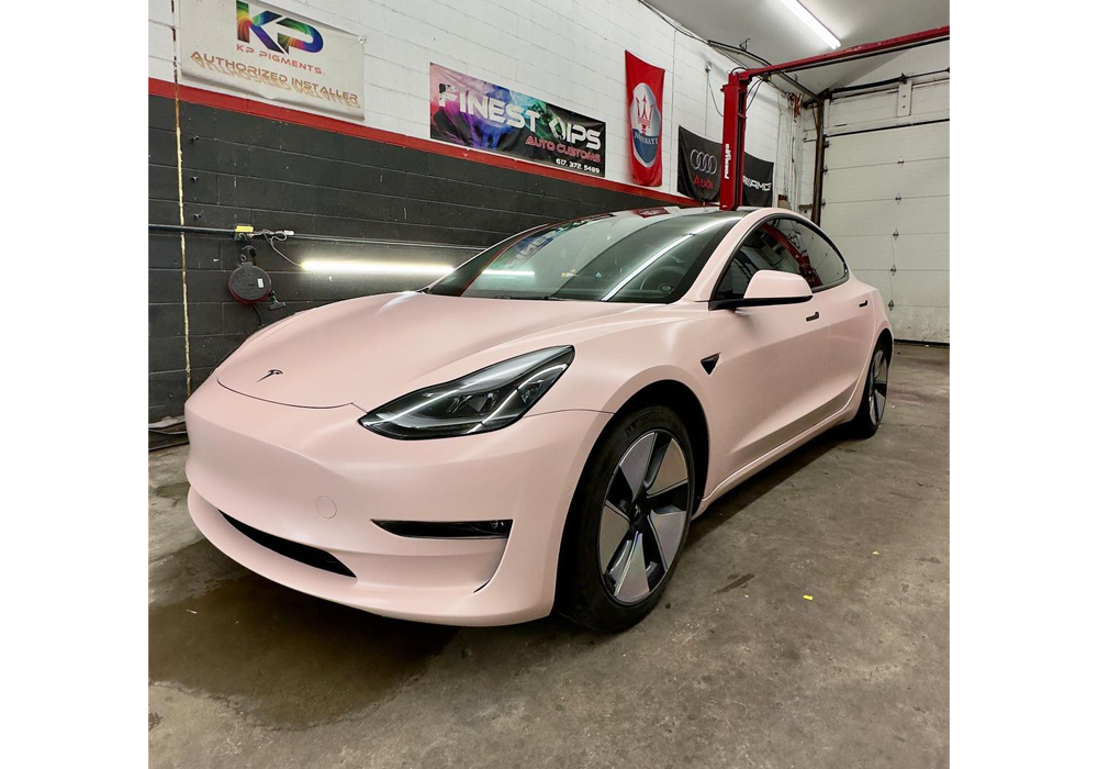 Diamond Silver over Custom Light Pink on Tesla Model 3