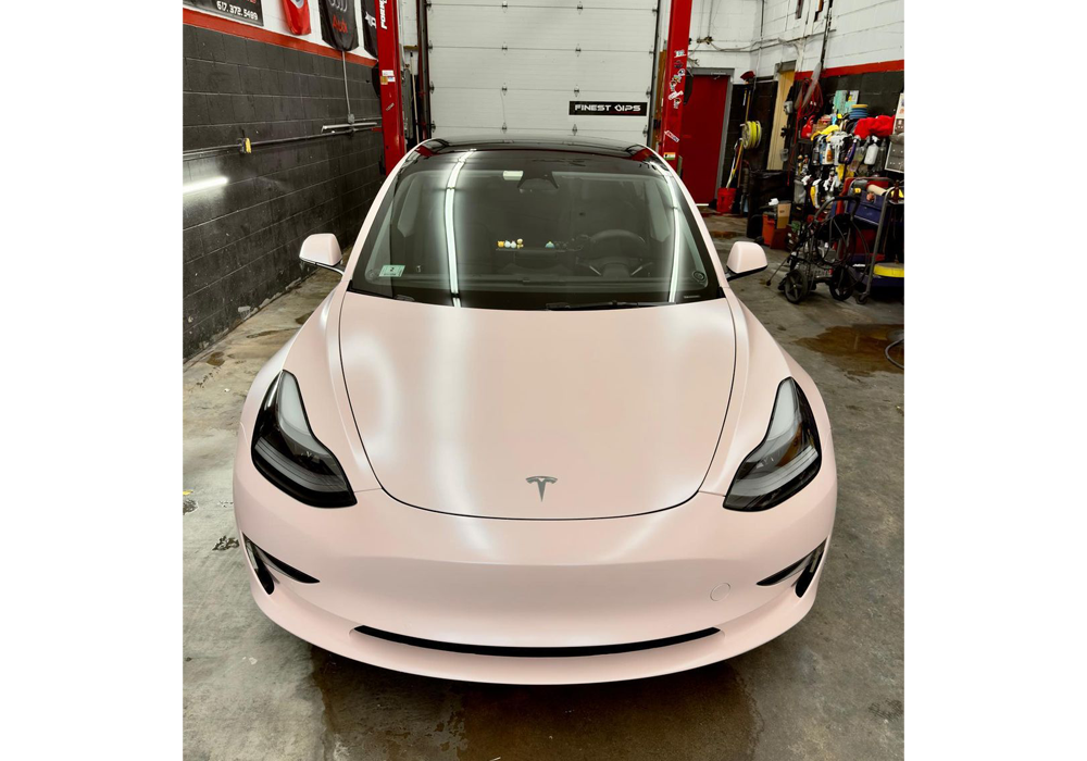 Diamond Silver over Custom Light Pink on Tesla Model 3