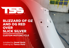 Blizzard of Oz and OG Red over Slick Silver on Custom Motorcycle